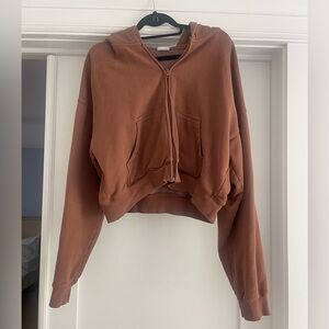 Brown TNA cozy fleece boyfriend cropped zip up hoodie